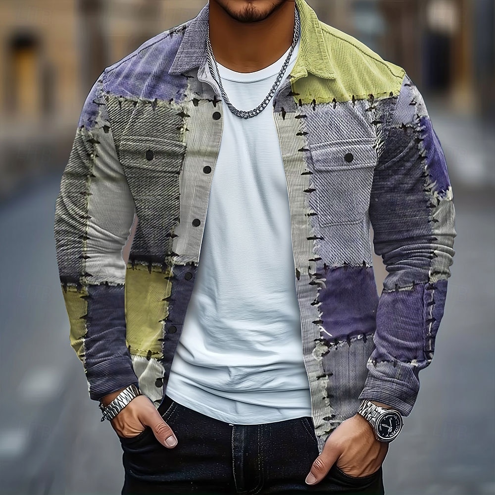 Pánské Barevné bloky Slátanina Jako džínovina Kordurová košile Košile bunda Overshirt Dlouhý rukáv Vintage Retro Venkovní Na den Podzim Zima Přehnutý Tlačítko dolů Teplé Bunda s klopovými kapsami 2025 - $29.99 –P4