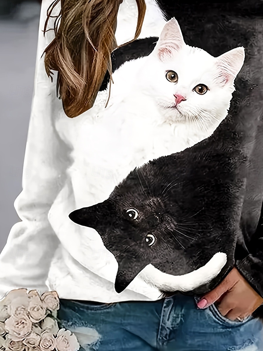 Tricou de damă cu mânecă lungă grafică animal pisică vintage elegant clasic guler rotund bluze obișnuite imprimeu zilnic alb și negru primăvară toamnă pretoamnă 2026 - $24.99 –P3