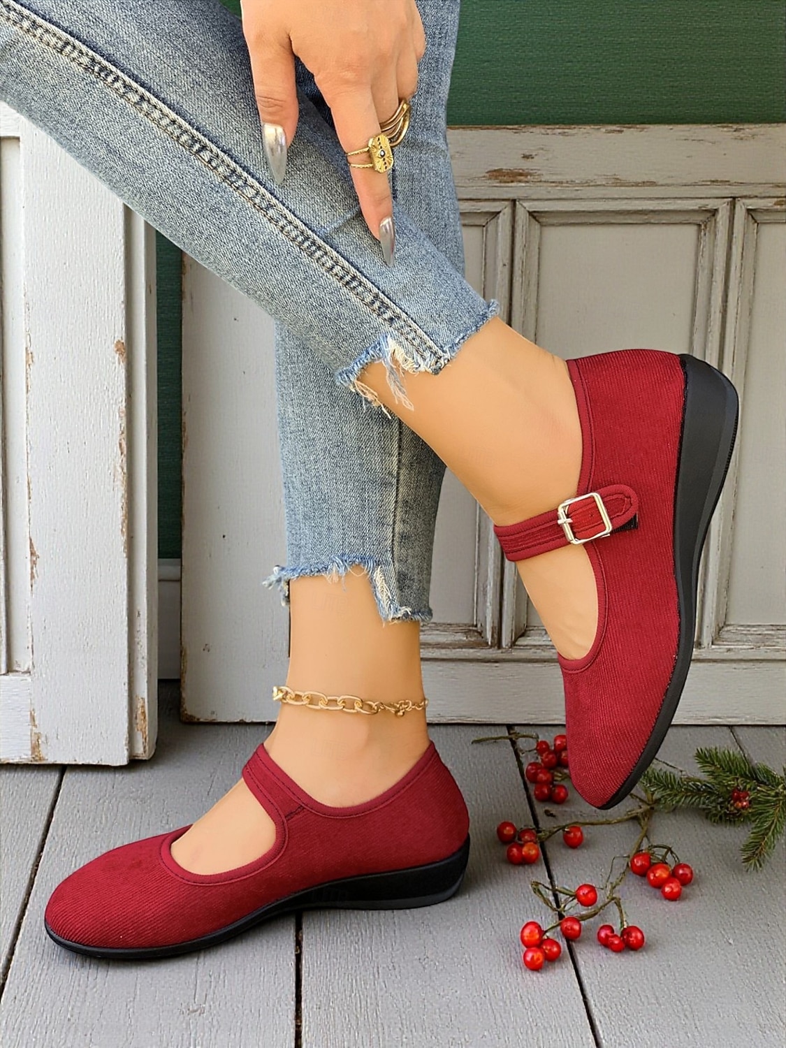 Women's Red Mary Jane Flats with Adjustable Buckle Strap, Comfortable Non-Slip Sole Casual Wear and Festive Christmas Outfits 2025 - $19.99 –P5