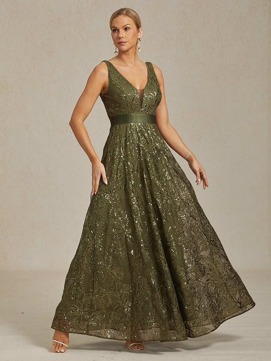 Damen Maxikleid A Linie Kleid Rückenfreies Kleid Elegant Party Geburtstag Einfarbig Ärmellos V Ausschnitt Olive Sommer Frühling 2025 - $169.99 –P1