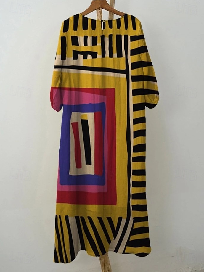 Abito maxi da donna in lino come traspirante leggero kaftano a maniche 3/4 scollo tondo casual abito a trapezio abito boho grafica geometrica giallo rosso marrone chiaro marrone del 2026 a $41.99 –P6