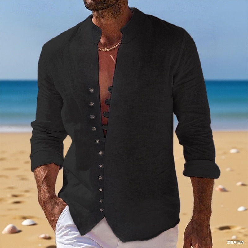 Per uomo Camicia Camicia di lino Camicia Estiva Camicia casual Camicia con Bottoni Semplice Vacanza Crociera Nero Bianco Rosa Blu Manica Lunga Colletto alla coreana Estate Primavera & Autunno del 2025 a $22.99 –P10
