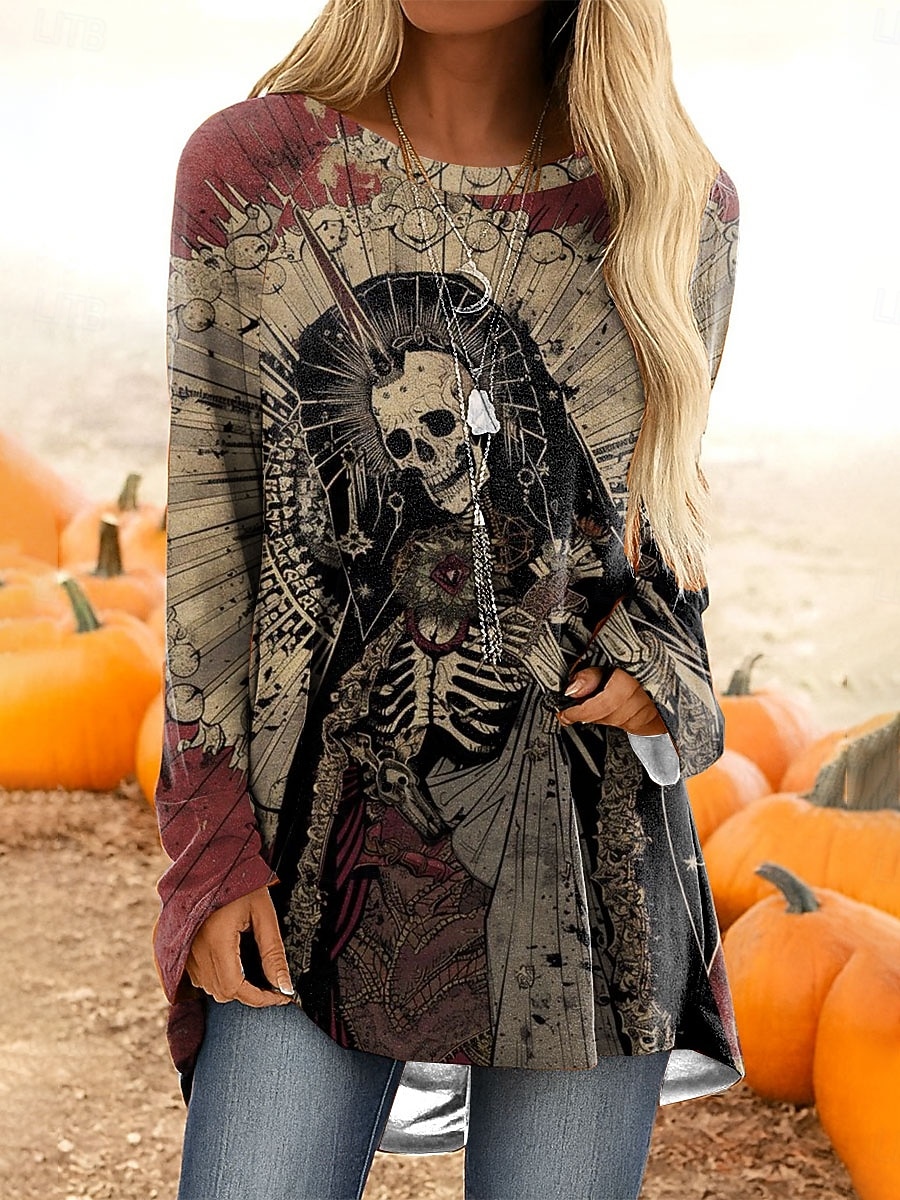 Halloween Dame T skjorte Grafisk Hodeskaller Årgang Stilfull Fritid Langermet Crew-hals Lange topper Daglig Trykt mønster Rød Lilla Oransje Kakifarget Vår Høst 2025 - $24.99 –P5