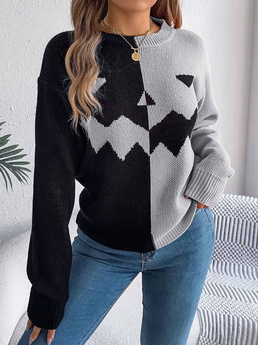 Maglione da donna Halloween con zucca casual morbido grafica colletto a coste maniche lunghe top regolari lavorato a maglia arancione khaki autunno inverno pre-autunno del 2025 a $31.99 –P13