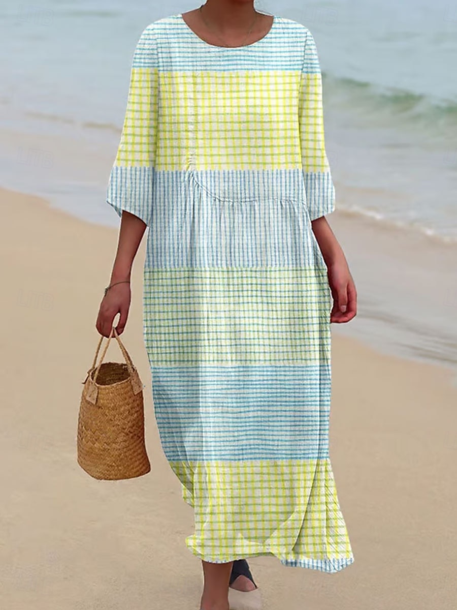 Dámské maxi šaty kaftan s 3/4 rukávy kulatým výstřihem volnočasové šaty A-linie boho pravidelný střih grafické geometrické abstraktní bílé žluté modré oranžové jaro podzim 2025 - $41.99 –P3