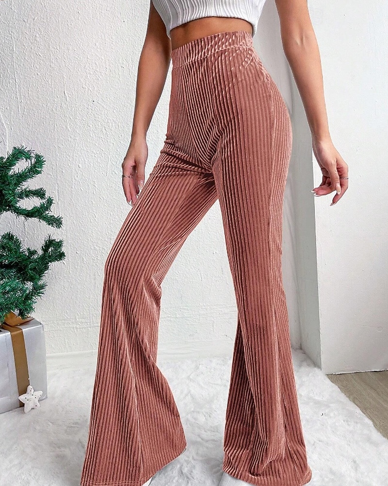 Mulheres Perna larga Calças de Veludo Calças Roupa de rua Casual Comprimento total Natural Tecido Cintura elástica Confortável Ao ar livre Férias Para Noite Vinho Pavão Azul Rosa claro cáqui Outono de 2026 por $22.99 –P2