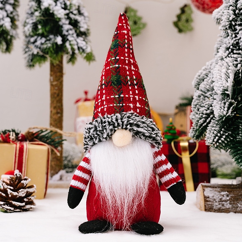 Julplyschtomtedekoration festlig julgransprydnadsset med rutig hatt ansiktslös tomtedocka skandinavisk dvärgfigur bordsdisplay juldekoration för hemmakontor presenter 2025 - $11.49 –P8
