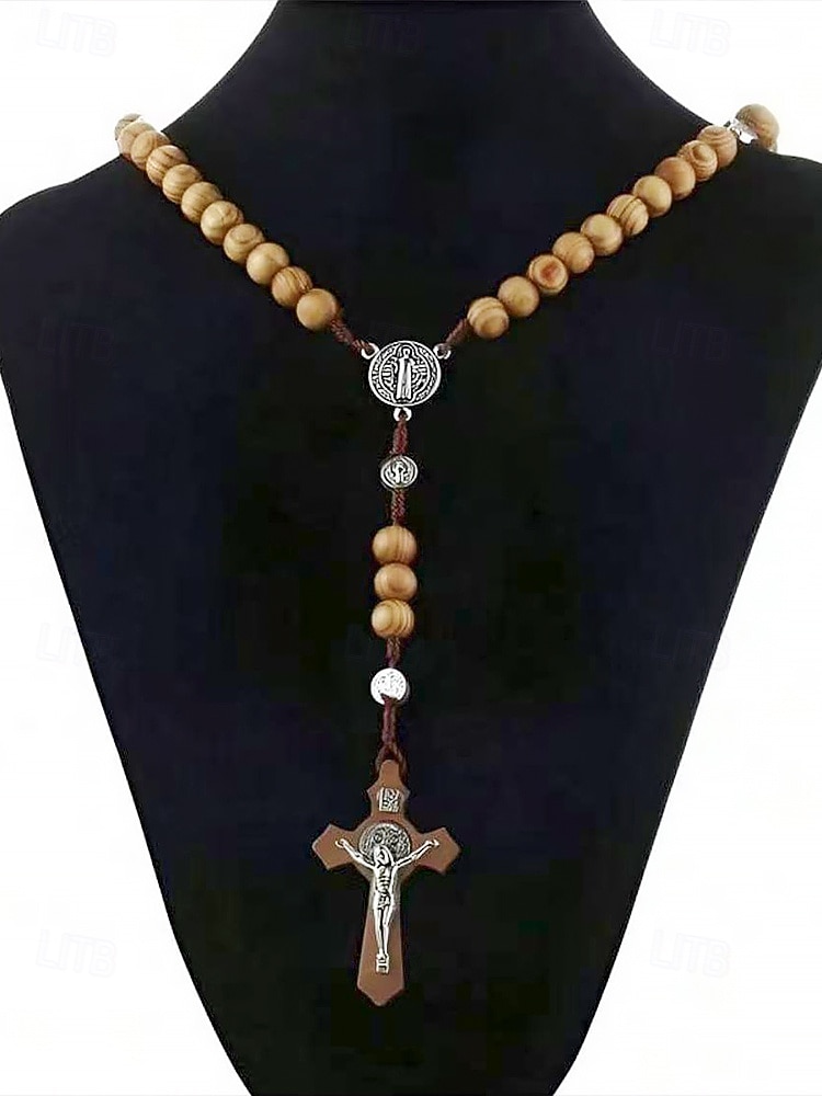 Rosario de madera para hombre con medalla de San Benito y crucifijo: cuentas de oración católicas para el culto religioso, la reflexión espiritual y la devoción diaria. 2025 - $7.99 –P7