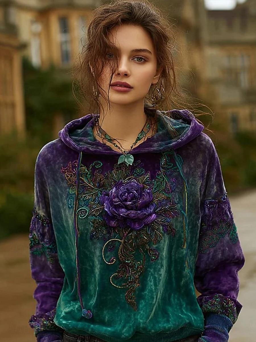 Women's 3D Print Vintage Boho Hoodie Patchwork Hoodie Sweatshirt Floral Pullover Sweatshirt Oversized Casual Warm Active Hooded Street Dailywear Patchwork Purple Spring Fall Winter 2025 - $10.99 –P5