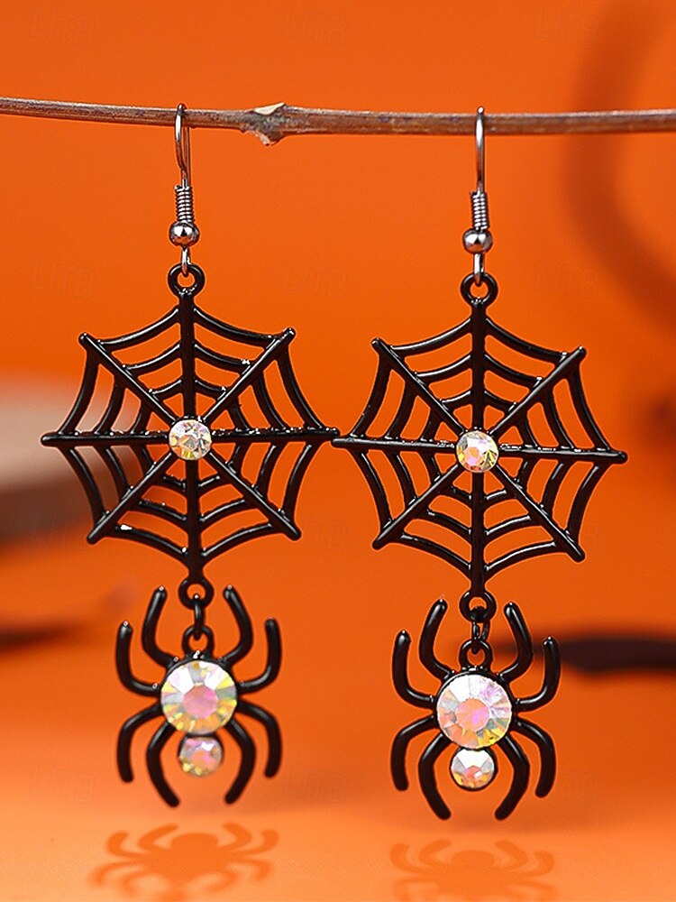 Sada dámských visících náušnic na Halloween – pavučina a pavouk, lebka, netopýr a duch, lehká černá slitina s kamínky, gotický styl pro kostýmní večírky, cosplay a večerní zábavu 2025 - $7.99 –P8