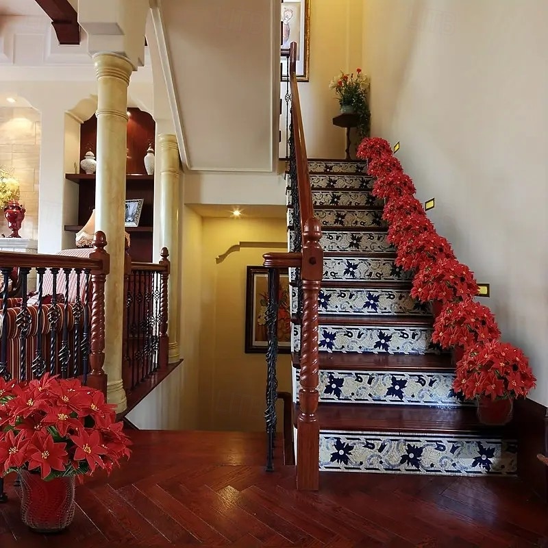 2 bunter julestjerne med 7 røde kunstige julestjerneblomster og grønne plastblader til hjemmedekor, spisebord, bryllup, juletre og utstilling året rundt 2025 - $13.49 –P8