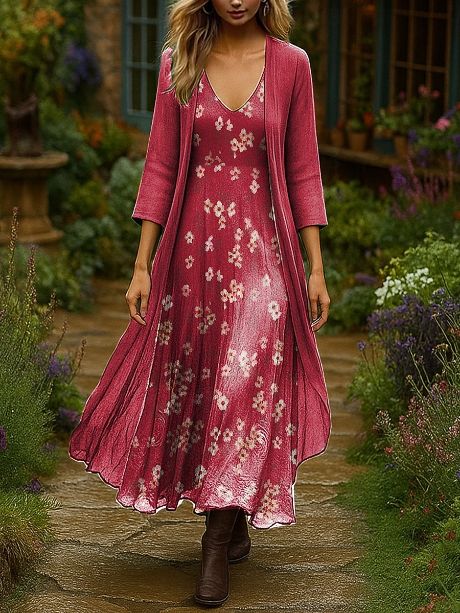 Femmes Robe Ensemble Robe Maxi Robe trapèze Vacances Boho Fleuri Graphique Superposé Imprimé Robe maxi Manche 3/4 Col en V Extérieur Quotidien Rouge Bleu Violet Claire Été Printemps Coupe régulière de 2025 ? $51.99 –P2