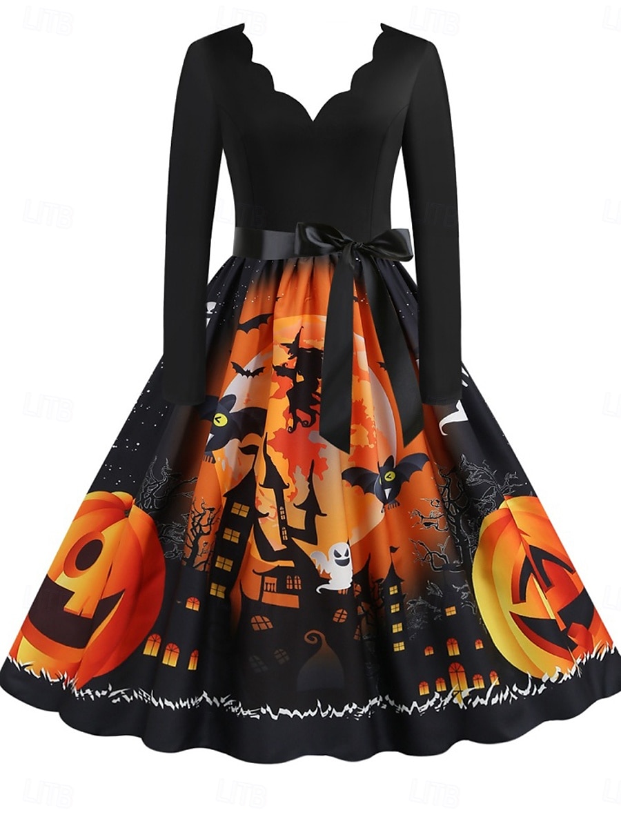 Rochie midi de Halloween pentru femei cu imprimeu de dovleac rochie în formă de A casual zi de zi vacanță croială regulată dovleac mânecă lungă guler în V galben albastru mov portocaliu vară 2025 - $28.99 –P1