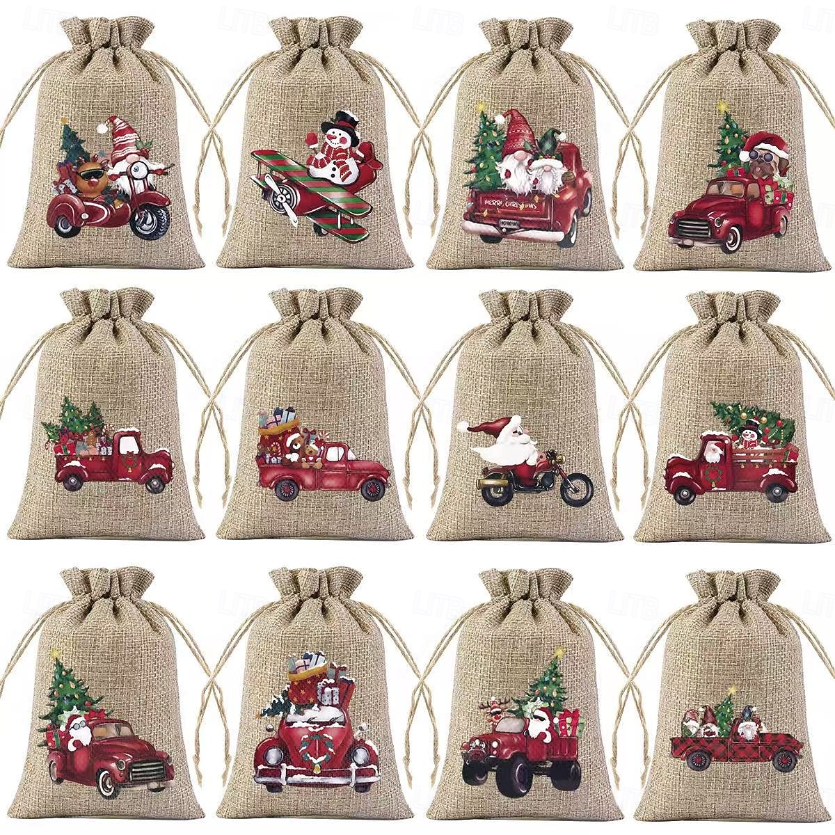 Zestaw 12 świątecznych torebek prezentowych z juty z losowymi świątecznymi wzorami, małe woreczki na upominki, idealne na święta Bożego Narodzenia i Nowy Rok 2026 - $17.49 –P3