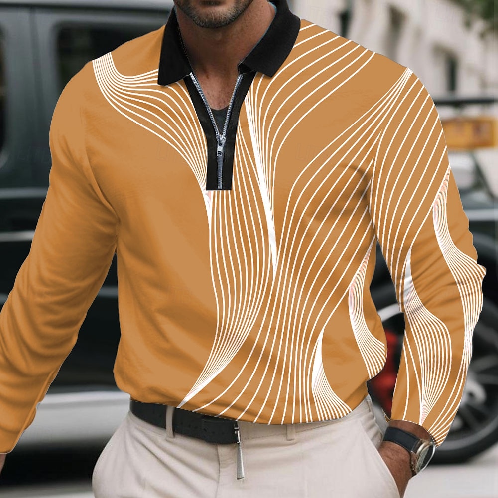 Herre Geometrisk Linje Polo Langermet Poloskjorter Knaphul Business Casual treningsklær Dagligdagstøy 3D-utskrift Kvart zip-polo Vår Høst Vinter Blå Svart Hvit 2026 - $22.99 –P5