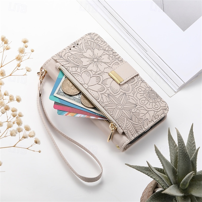 telefone Capinha Para iPhone 16 15 14 Pro Max Plus 16e 13 Pro Max Capa para Cartão Wallet Capa articulada Zíper com cordão com pulseira Árvore flor floral TPU Couro PU de 2025 por $14.99 –P4