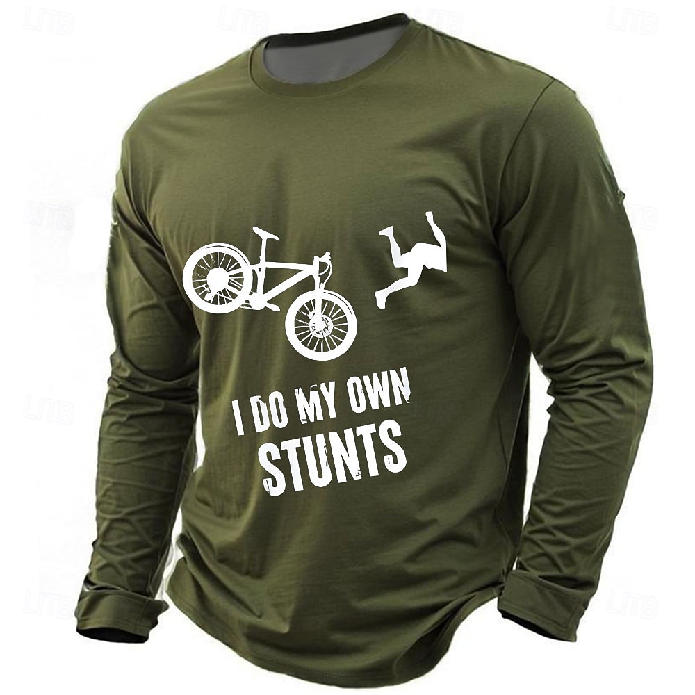 T-Shirt Grafica a Maniche Lunghe per Uomini Divertente 'Faccio le mie acrobazie' Umorismo Ciclistico del 2026 a $21.99 –P3