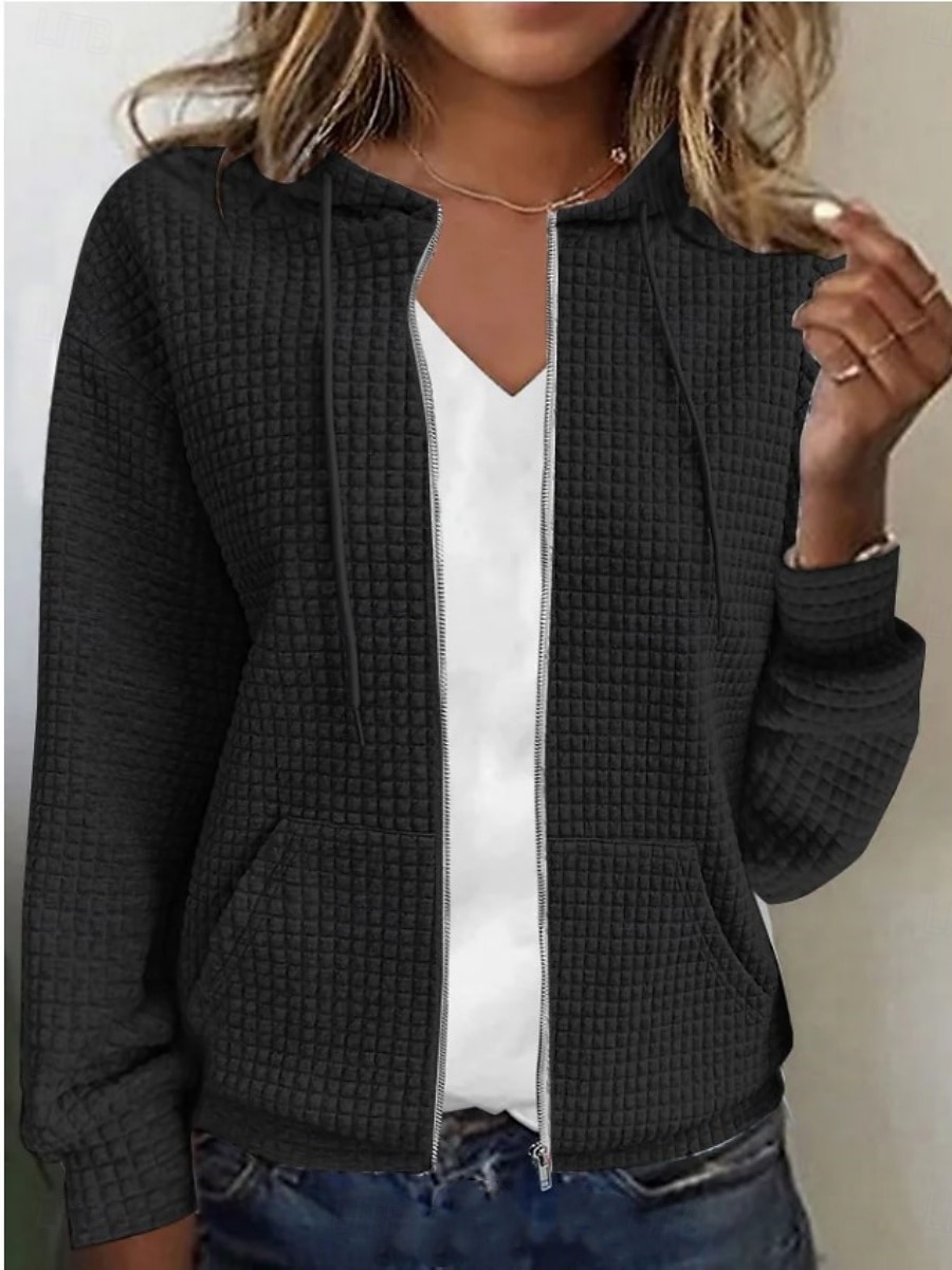 Women's Casual Jacket Hoodie Jacket Comfortable Breathable Zipper Pocket Full Zip Casual Plain Vacation Street Casual Daily Wear Zipper Regular Hooded Regular Fit Long Sleeve Outerwear Black White 2026 - $34.99 –P2
