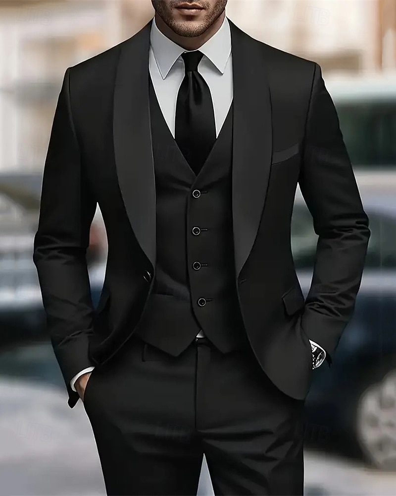 Herren Set Anzüge Anzugweste Geschäft Cocktailparty Hochzeitsfeier 3 Stück Mode Lässig Frühling Herbst Polyester Farbblock Tasche Knöpfe Bequem Einreihig Blazer Schwarz Weiß Burgunderrot Königliches 2025 - $79.99 –P11