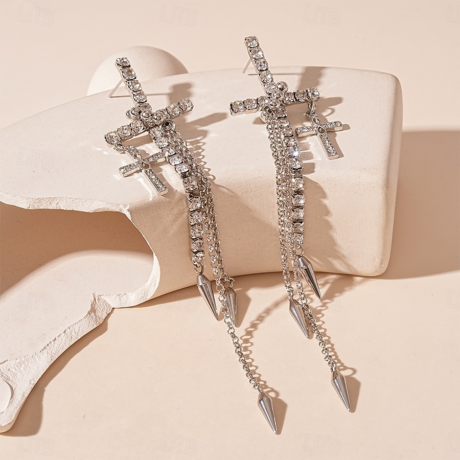 orecchini pendenti a croce con strass da donna - orecchini pendenti a punta con catena lunga in stile punk gotico per abiti da festa, discoteca e concerto del 2026 a $11.99 –P3