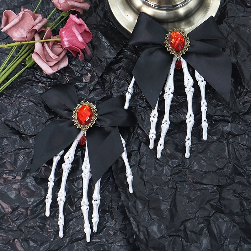 Dámská černá sponka do vlasů s mašlí v gotickém stylu s detailem kostlivé ruky, ideální na halloweenskou párty. 2025 - $14.99 –P3
