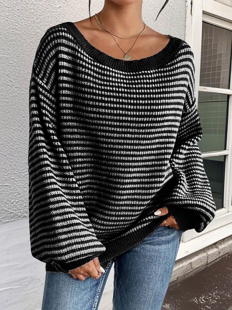 Damen Pullover Lässig Weich Gestreift Gerippt U-Boot-Ausschnitt Gestrickt Langarm Normale Oberteile Stricken Outdoor Täglich Wochenende Schwarz Rote Herbst Winter 2025 - $28.99 –P9