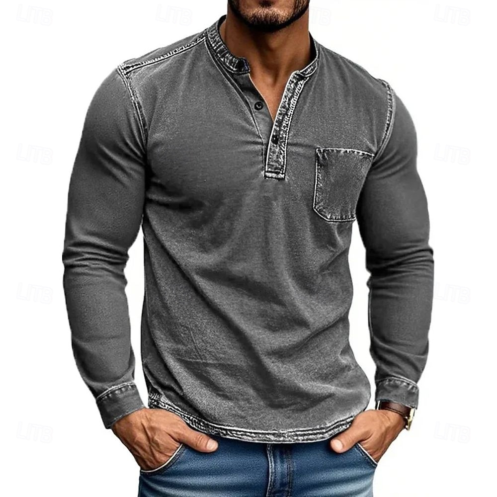 Herren Henley Hemd T-Shirt Langarmshirt Langarm Henley Herbst Winter Retro Mode Designer Nostalgisch Mode Jahrgang Urlaub Straße Ausgehen Schwarz Rosa Marineblau Top T-Shirt für Herren 2025 - $26.99 –P3