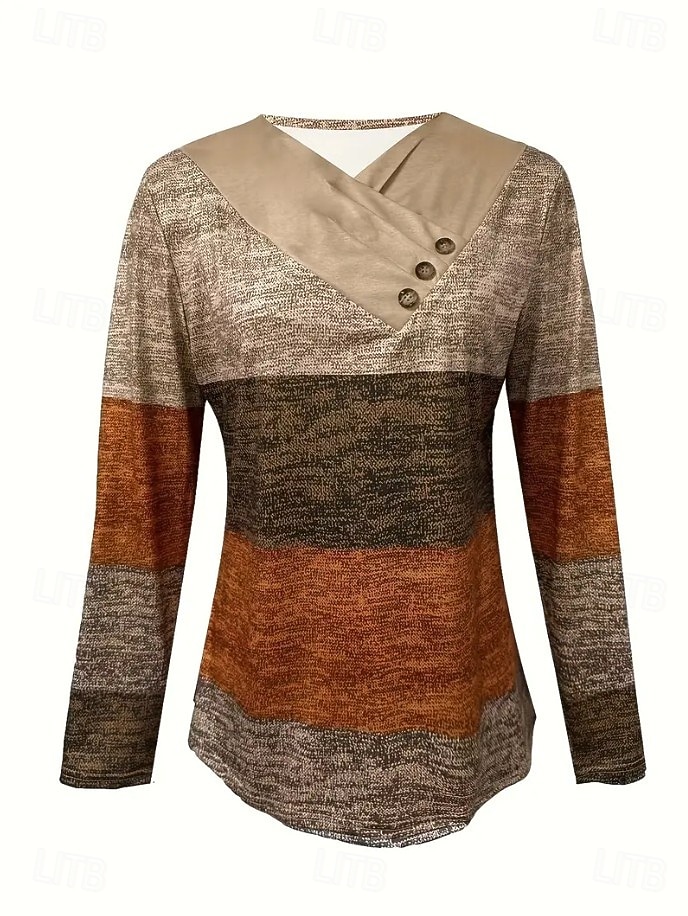 Dame T skjorte Grafisk Geometrisk Årgang Stilfull Klassisk Langermet Crew-hals V-hals Vanlige topper Daglig Knapper Trykt mønster Asymmetrisk Blå Brun Vår Høst 2025 - $24.99 –P2