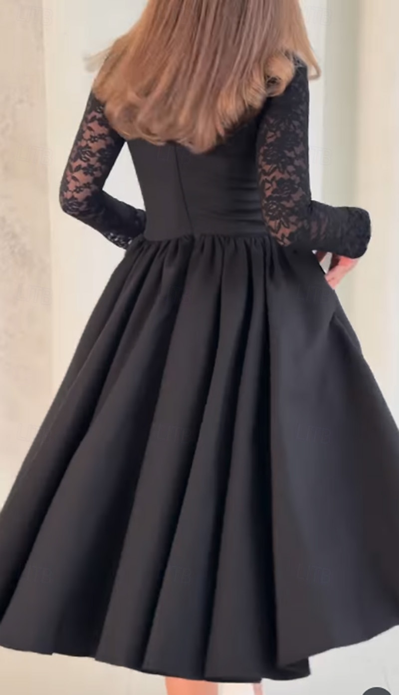 Robe de cocktail trapèze noire en crêpe extensible à manches longues, robe de soirée élégante, longueur thé, longueur midi, col carré, dentelle extensible avec poche froncée, 2025 de 2025 ? $138.99 –P3