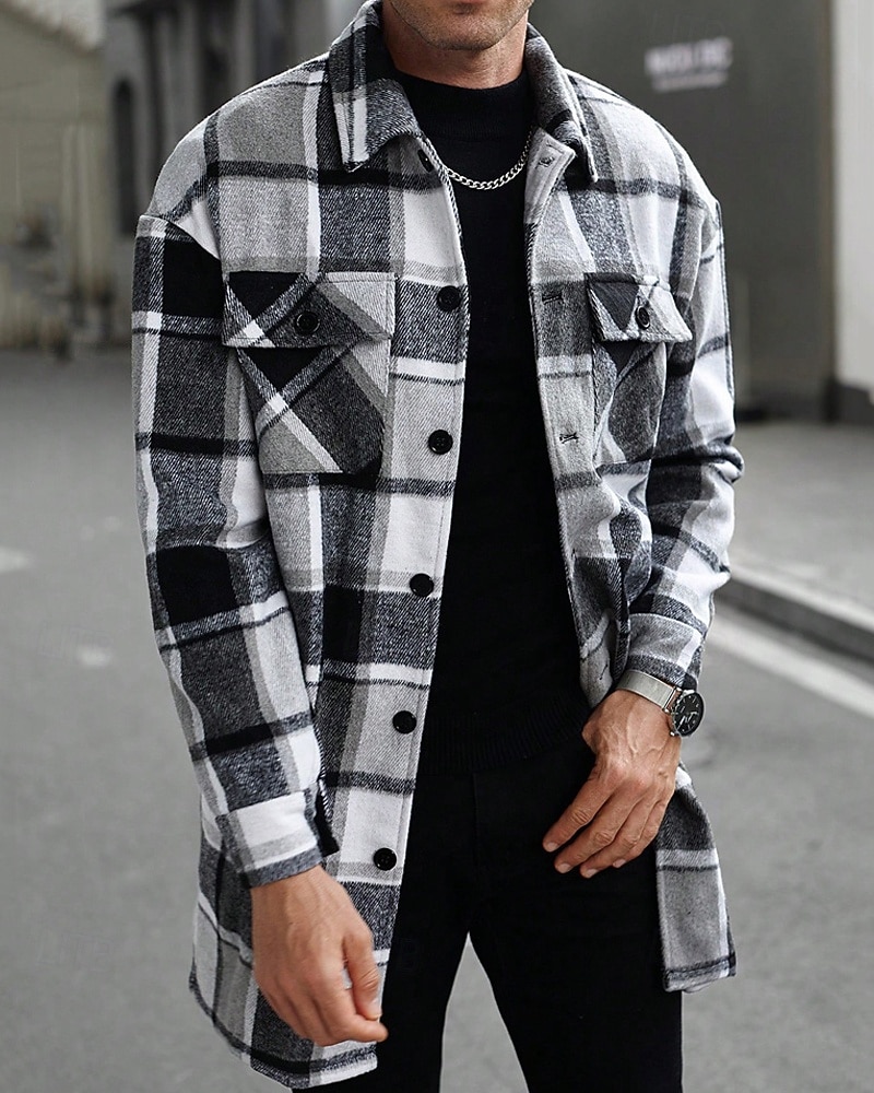 Bărbați Shacket Jachetă cămașă Jachete Iarnă Plisat Vacanță Purtare Zilnică Negru Roșu Vin Portocaliu Kaki Manșon Lung Rever Toamnă Iarnă Îmbrăcăminte Buzunar 2025 - $51.99 –P1