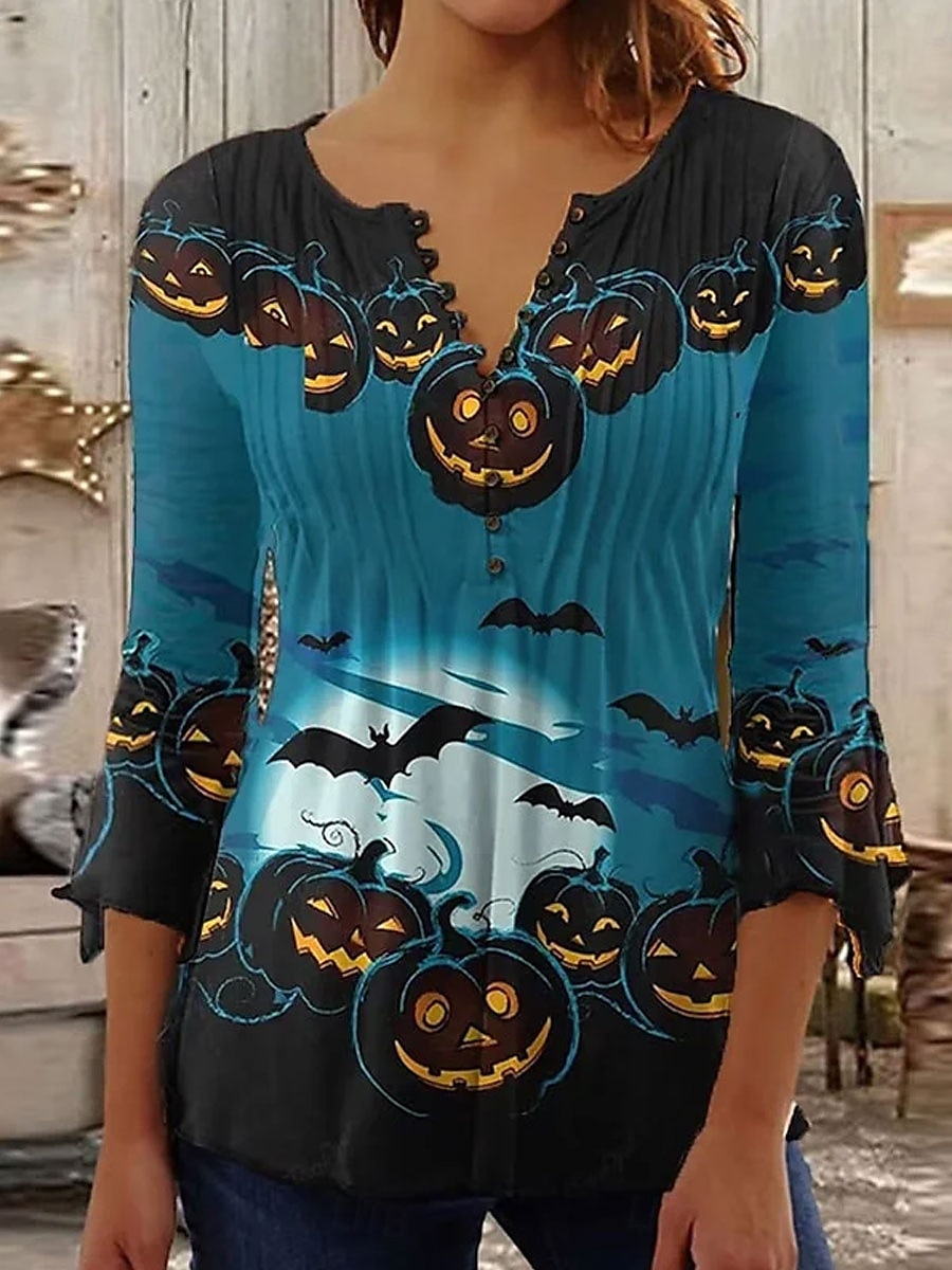 Blusa Feminina de Halloween com Gráfico Gradiente Elegante Vintage Estilosa de Manga 3/4 Decote em V Tops Regulares Impressão Diária Saída com Babados Botões Azul Laranja Primavera Outono de 2025 por $27.99 –P2