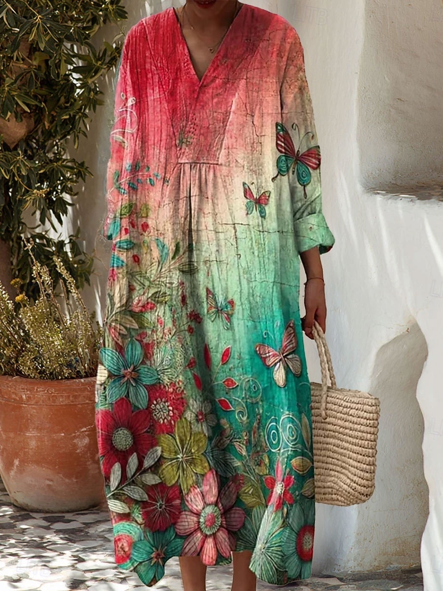 Damskie Sukienka maxi Sukienka letnia Sukienka A line Codzienny Styl plażowy Święto Luźna Ombre Graficzny Geometryczny Długi rękaw W serek Fioletowy Zielony Szary Lato Wiosna Jesień 2025 - $35.99 –P1
