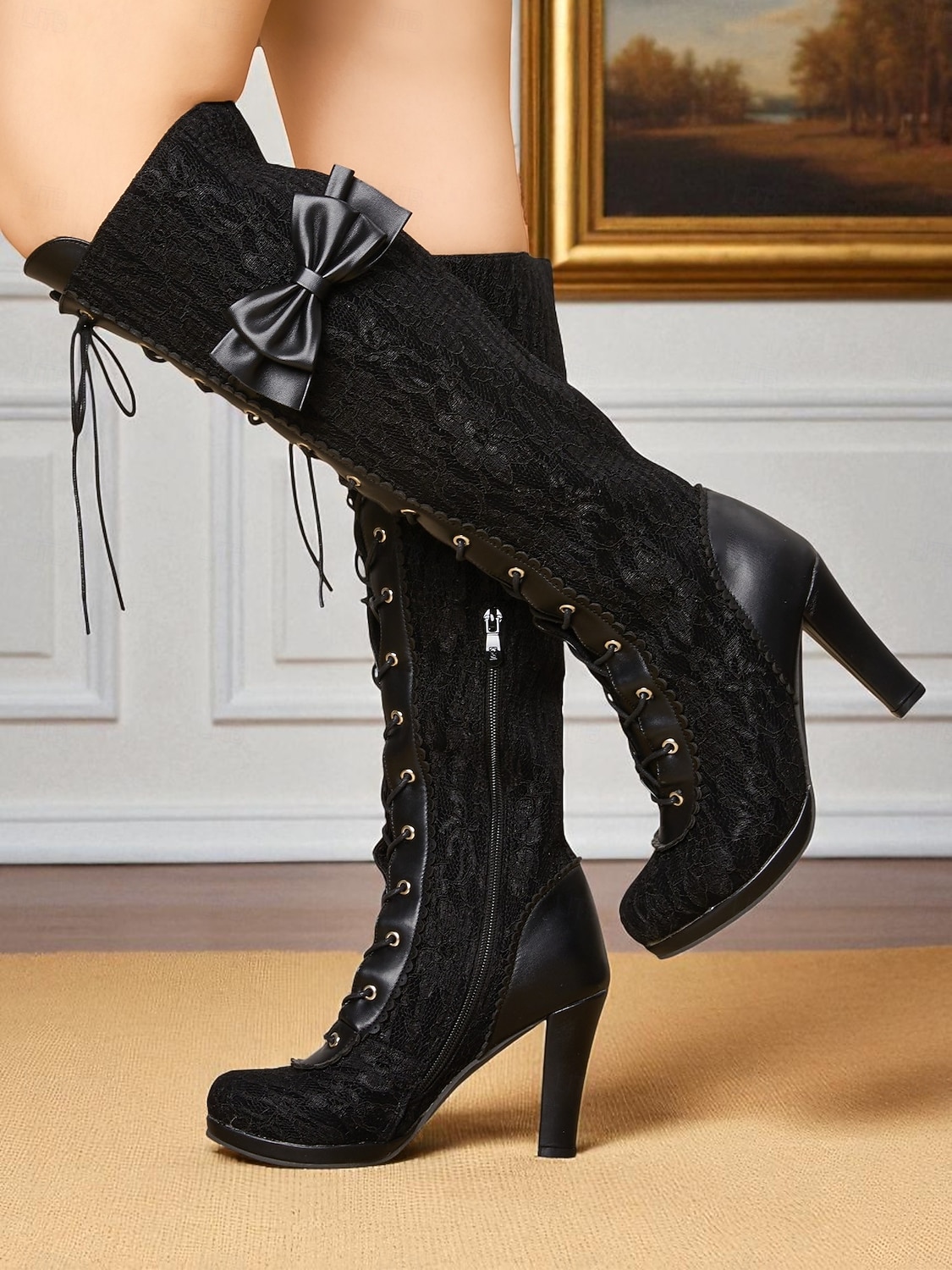 Cizme de damă până la genunchi, inspirate din stilul victorian din anii 1890, din dantelă neagră, cu fundă, pentru tocuri elegante, pentru petreceri tematice și evenimente vintage elegante &evenimente 2026 - $84.99 –P3