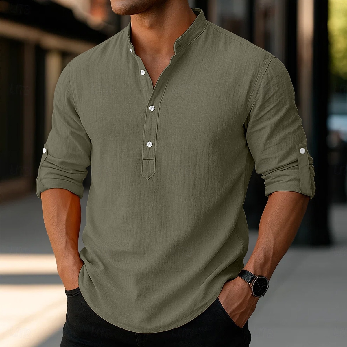 Per uomo Camicia di lino Camicia con colletto alla coreana Camicia popover Camicia casual Camicia da Spiaggia Semplice Vacanza Camicia hawaiana Nero Bianco Rosa Arancione Manica Lunga Henley del 2025 a $23.99 –P10