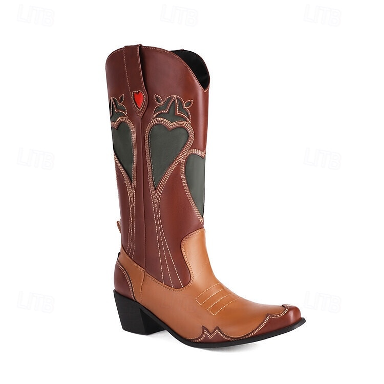 dámská hnědá &Hnědé kovbojské boty se srdíčky - elegantní západní styl obuvi pro městskou módu 2025 - $84.99 –P4