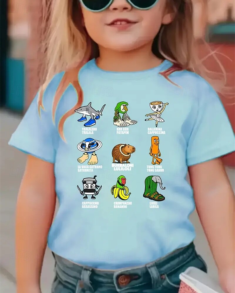 Camiseta engraçada com estampa de Brainrot italiana para meninas - camiseta leve e elástica com tecido elástico leve para crianças de 4 a 12 anos, casual para o dia a dia &roupa de festa de de 2025 por $11.99 –P1