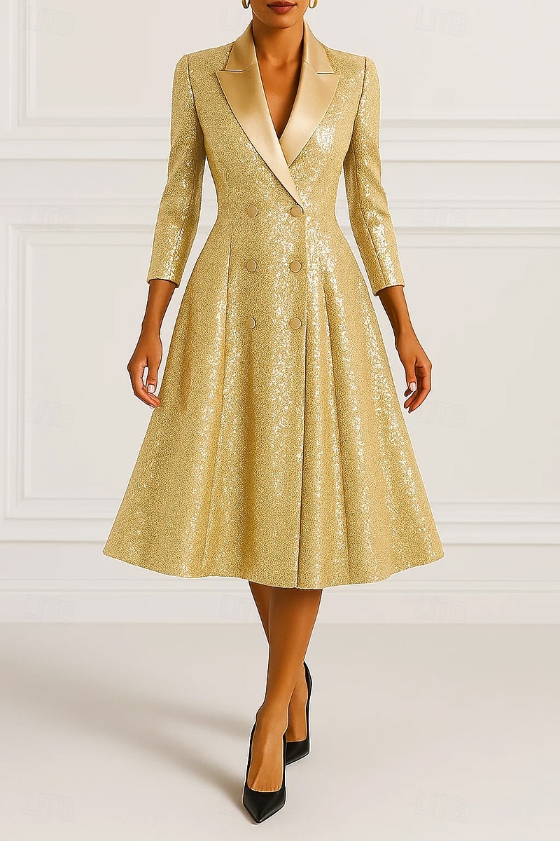 Szmoking ruha A-vonalú Előírásos Szatén Flitter Elegáns Szüret 3/4 ujjú rakott Midi Csúcs hajtóka Dupla soros 2025 - $154.99 –P4