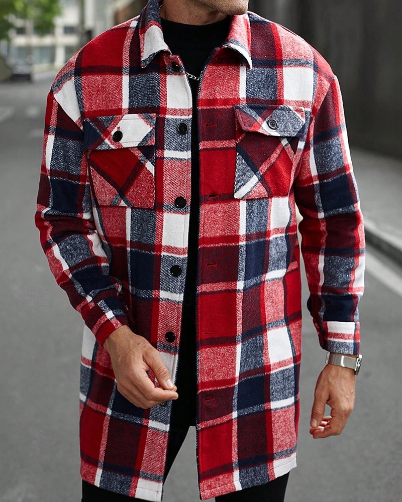 Bărbați Shacket Jachetă cămașă Jachete Iarnă Plisat Vacanță Purtare Zilnică Negru Roșu Vin Portocaliu Kaki Manșon Lung Rever Toamnă Iarnă Îmbrăcăminte Buzunar 2025 - $51.99 –P9