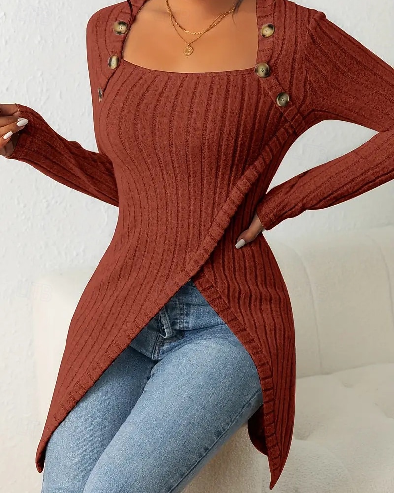 Women's T Shirt Tee Top Buttons Asymmetrical Solid Color Elegant Fashion Long Sleeve Square Neck Regular Tops Daily Weekend Black Brown Rose Pink Gray Spring Fall 2026 - $22.99 –P14