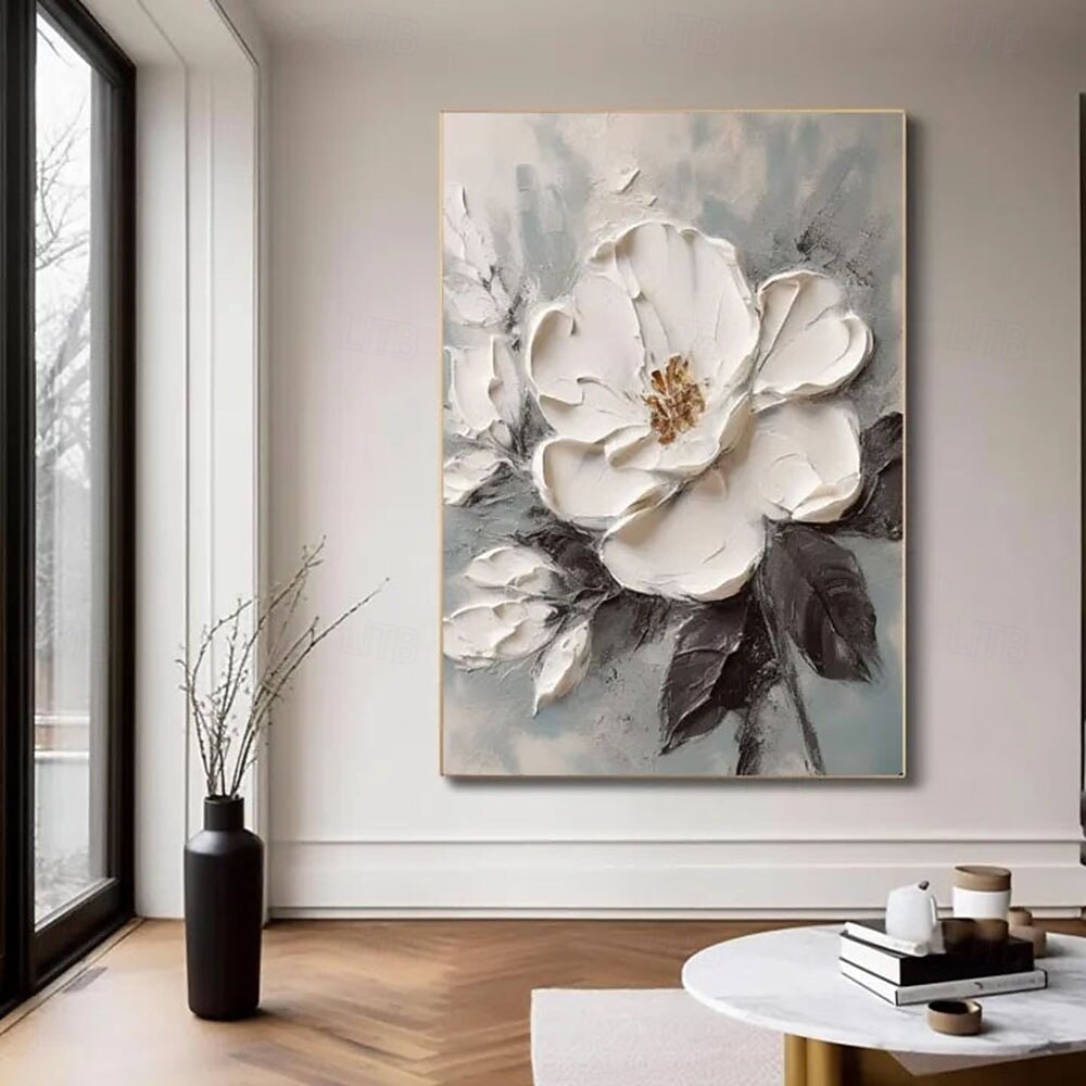 Peinture à l'huile 3D faite à la main, œuvre d'art florale blanche, teintes riches et technique d'impasto texturée mettant en valeur des fleurs vives et des coups de pinceau détaillés. Peinture à de 2025 ? $54.99 –P6