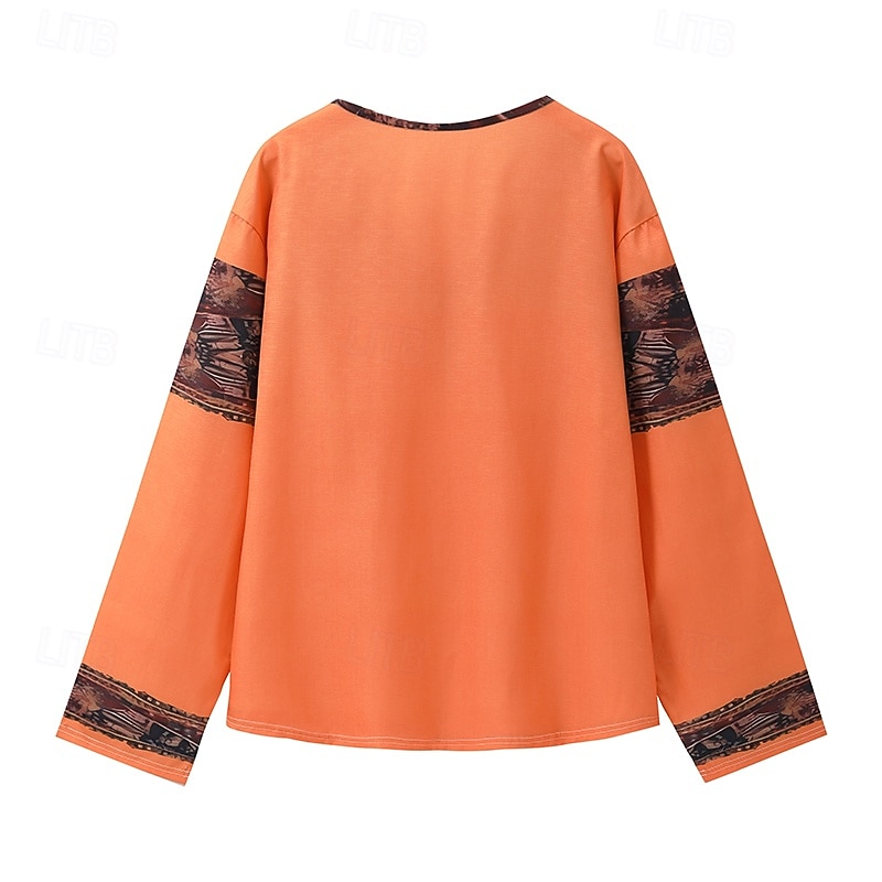 Dame Boho skjorte Bluse Blomsternål i krystall Moderne Bohem Langermet V-hals Vanlige topper Ferie Ut på byen Trykt mønster Svart Rød Oransje Mørkegrå Aprikos Sommer 2025 - $24.99 –P3