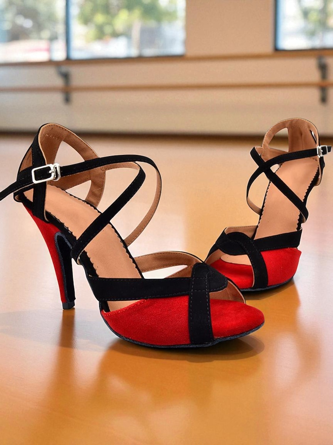 Chaussures de danse latine pour femmes en daim bleu et noir avec brides croisées, bout ouvert, talon haut - Chaussures de performance de salon professionnelles pour les compétitions et l'entraînement de 2025 ? $46.99 –P3
