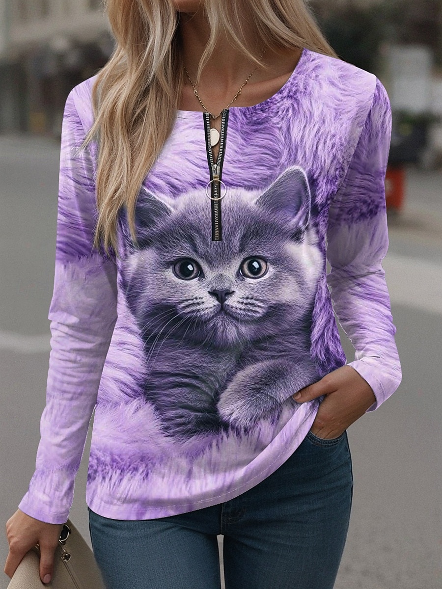 Pentru femei Tricou Fermoar Imprimeu Grafic Animal Epocă Stilat Casual Manșon Lung Rotund Topuri obișnuite Zilnic Sfârșit de săptămână Albastru piscină Galben Roz Îmbujorat Mov Primăvară Toamnă Iarnă 2026 - $25.99 –P3