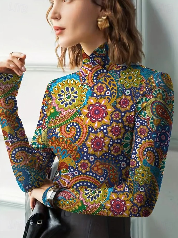 Femmes Tunique Fleuri Élégant Bohème ancien manche longue Col roulé Col haut Hauts Réguliers Sortir Noir Fuchsia Vert Automne Hiver de 2025 ? $24.99 –P11