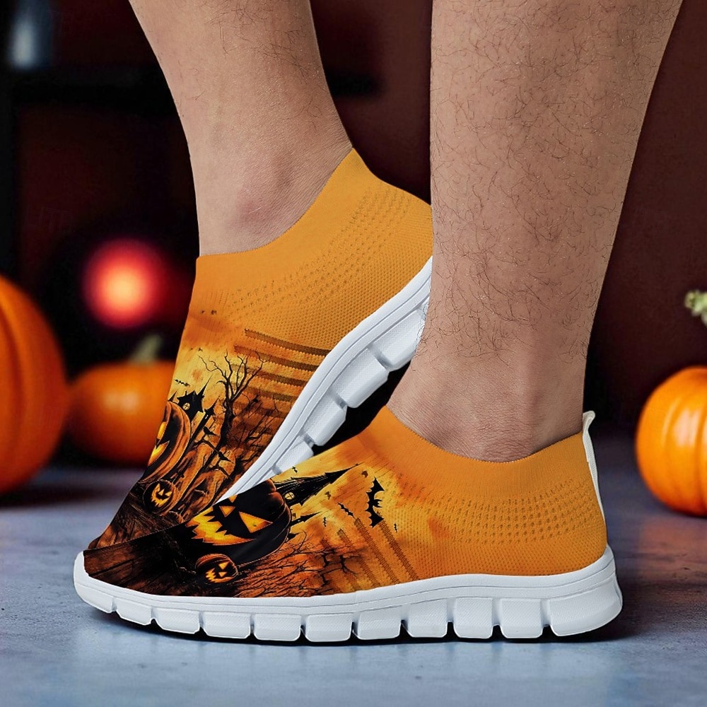 Męskie pomarańczowe, wsuwane trampki Flyknit z nadrukiem dyni w stylu nawiedzonego domu – codzienne buty na festiwal Halloween, idealne na nocne imprezy, cosplay i wydarzenia na świeżym powietrzu 2025 - $29.99 –P3