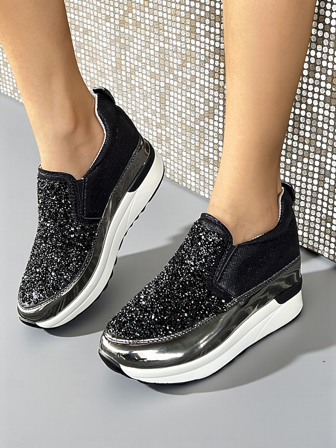sneakers slip-on da donna nere glitterate con dettagli metallici: sneakers con plateau alla moda, perfette per le feste notturne e le uscite informali del 2026 a $29.99 –P3