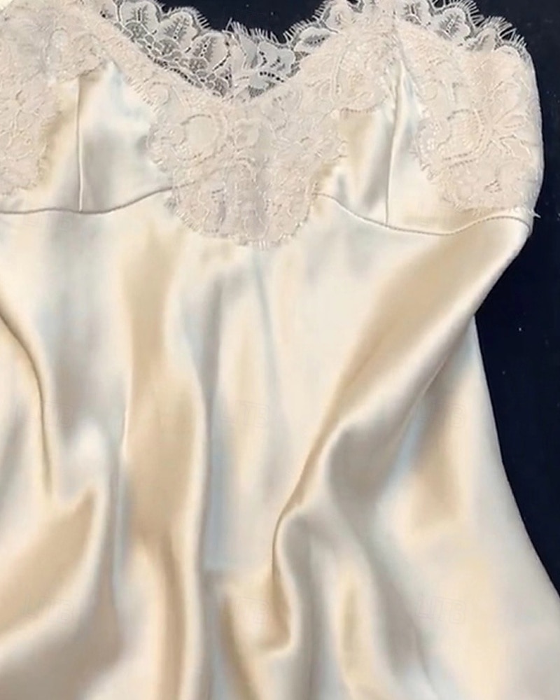 Damskie Piżama Koszula nocna Moda Codzienny Miękkie Czyste kolory Satynowa jedwabna piżama Koronka Niejednolita całość Dom Urlop Łóżko Bez rękawów Paski Beżowy Lato 2026 - $28.99 –P2