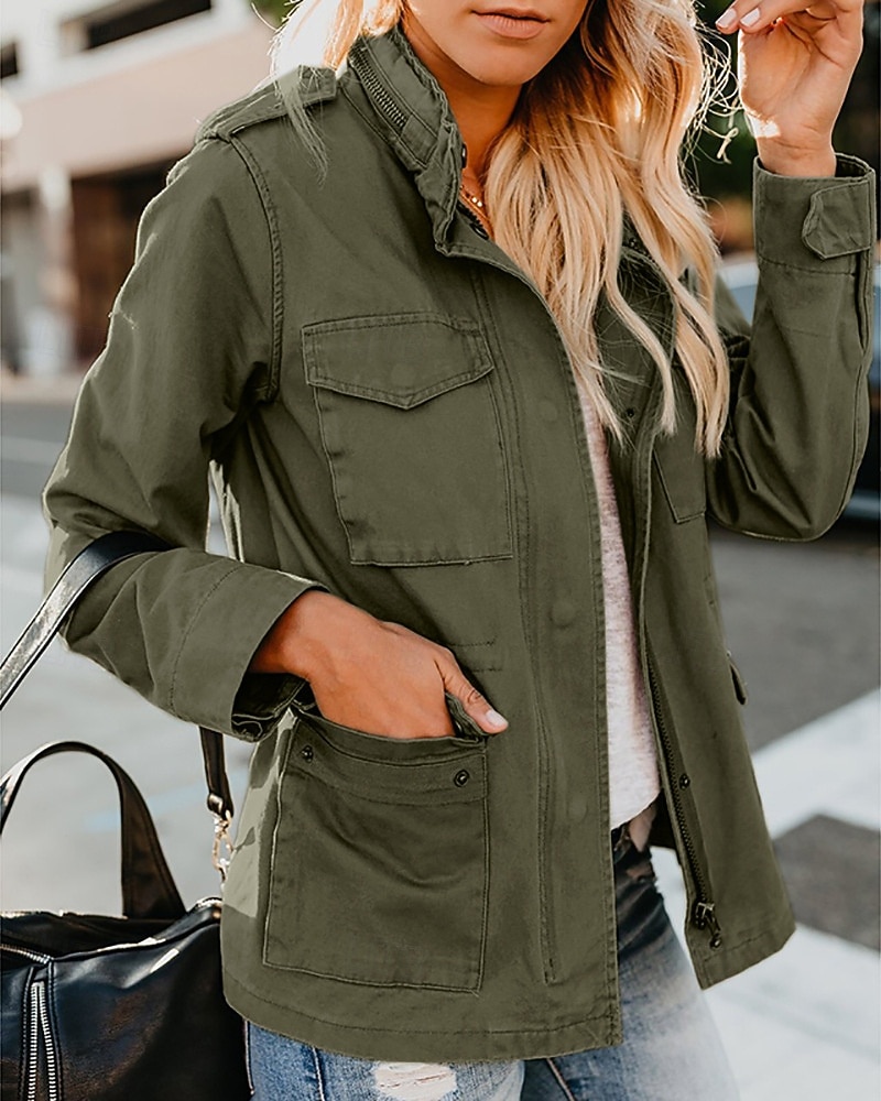 Women's Hoodie Jacket Warm Comfortable Zipper Pocket Casual Plain Vacation Daily Zipper Regular Turndown Regular Fit Long Sleeve Outerwear Black Khaki Army Green Fall Winter 2025 - $48.99 –P8
