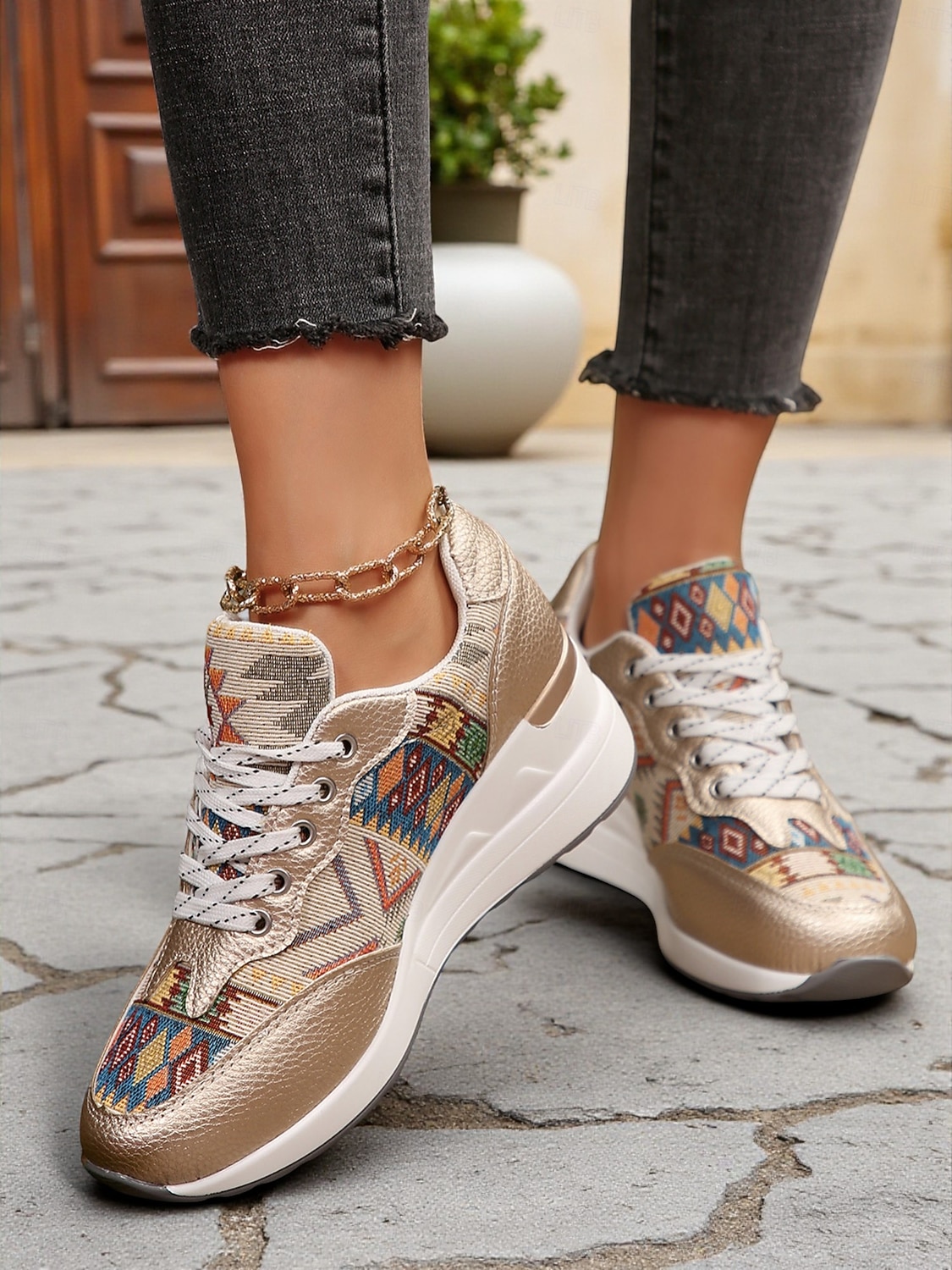 sneakers con zeppa dorate da donna – scarpe da ginnastica con plateau e lacci con stampa etnica per abbigliamento casual da strada e viaggi del fine settimana del 2026 a $34.99 –P5