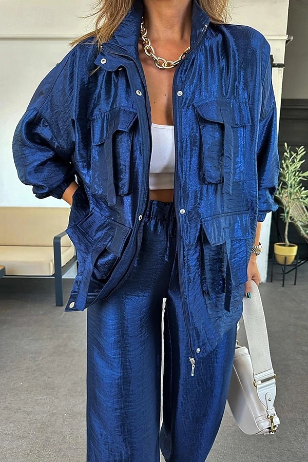 Naisten Puvut Mukava Kurenauha Tasku Täysi vetoketju Urheilu Muoti Päivittäin Retro Tavallinen Koulu Loma Koti Toimisto Cardigan Normaali Stand-kaula-aukko Loose Fit Pitkähihainen Päällysvaatteet 2025 - $49.99 –P2